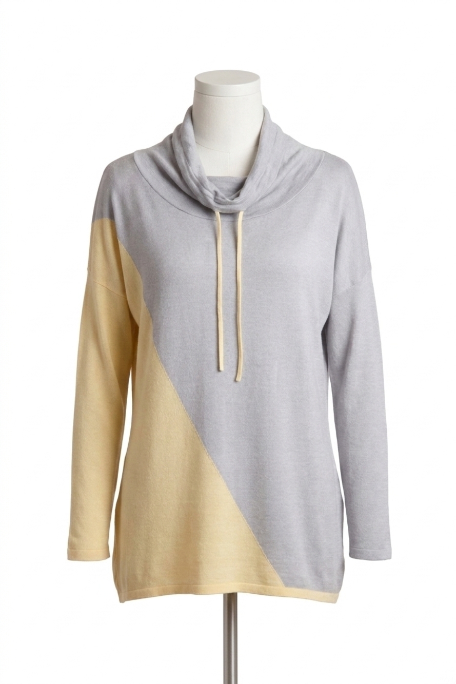 NEW ANGEL 2-tone draw string cowl neck pullover in yellow/gray
